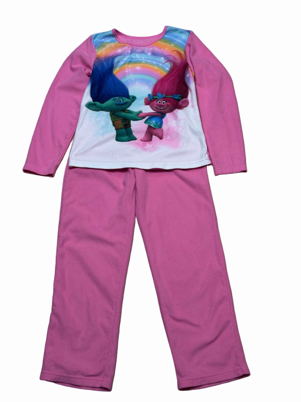 DreamWorks Trolls Girls 7/8 Pink Fleece Pajama Set Poppy Branch Rainbow 2pc